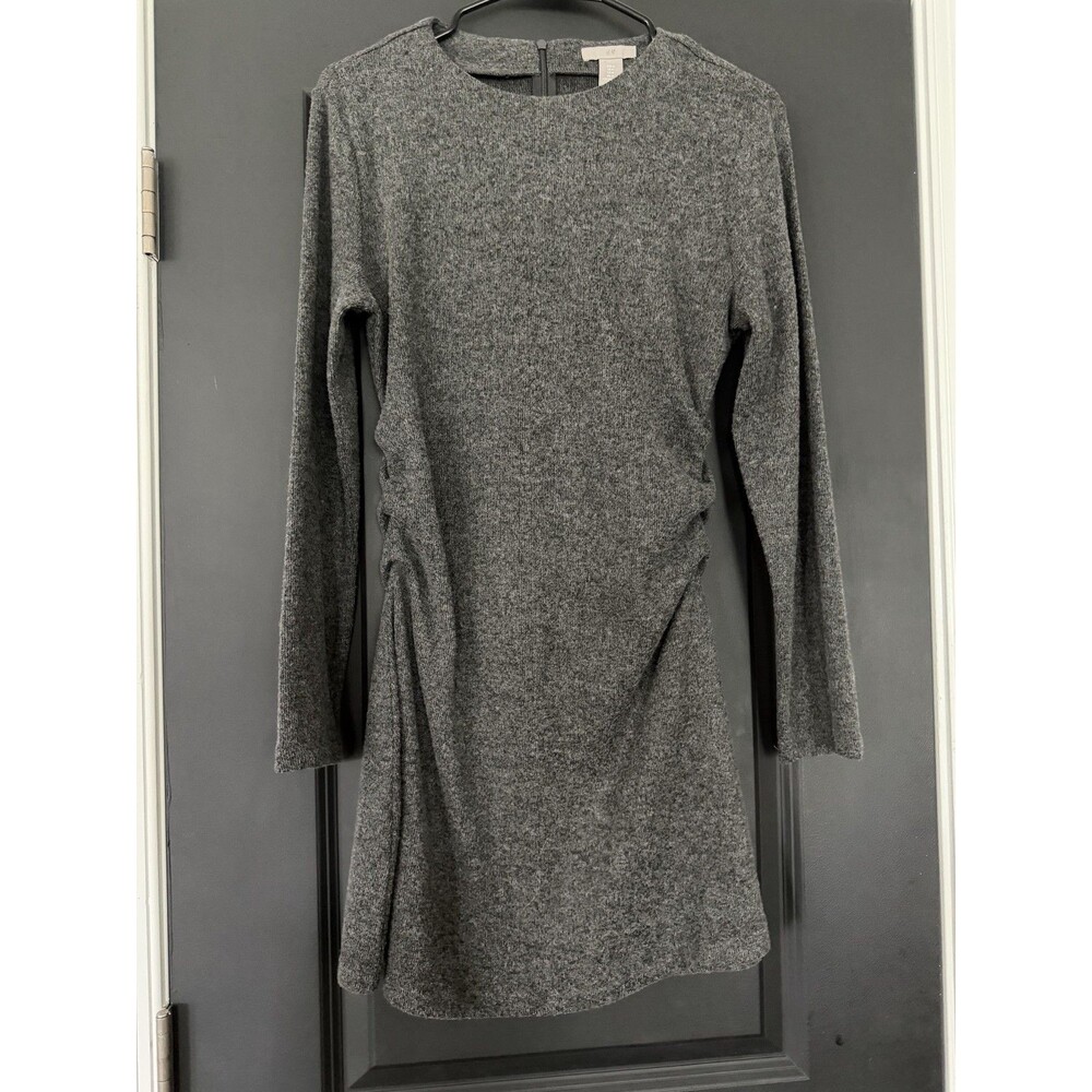 H&M Gray Sweater Dress Medium Cinched Waist Long Sleeve Knit Knee Length